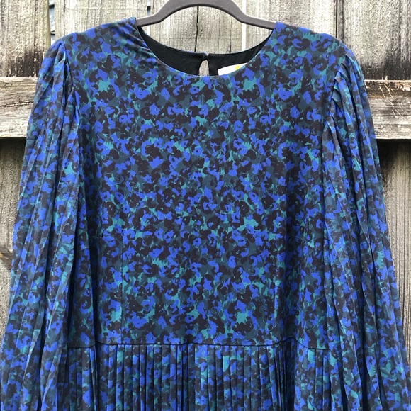 Boden Midi Dress Size 20 Blue Floral Watercolor Long Balloon Sleeve Pleated - Picture 5 of 16